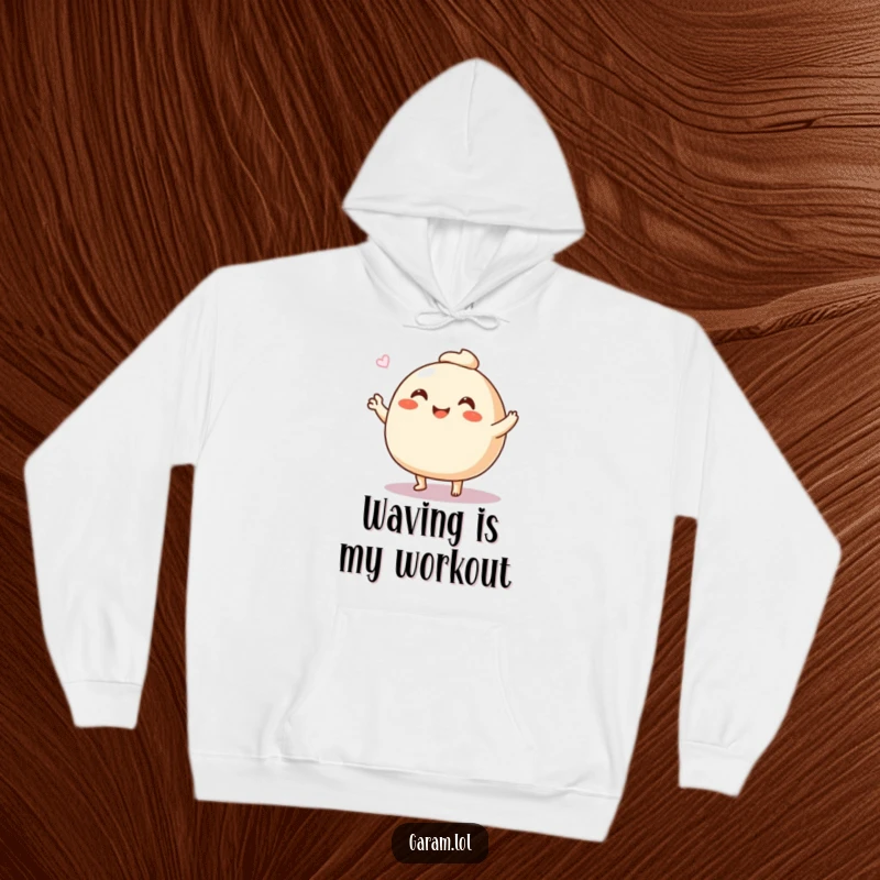 Funny steamed bun hoodie showcasing a cheerful bun waving with its legs, offering warmth and a friendly hello.