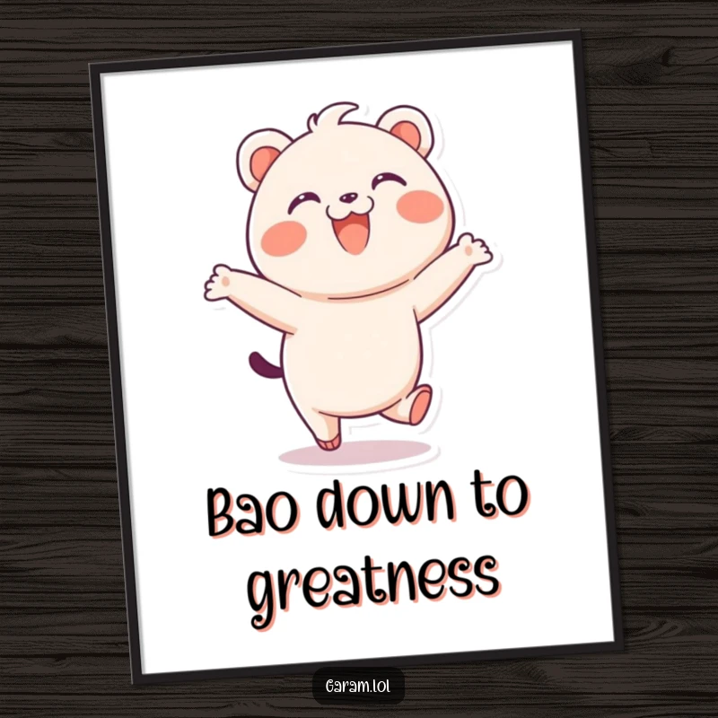 Funny free printable bao wall art, a smiling bao doing a happy skip, delightful downloadable art for a joyful space.