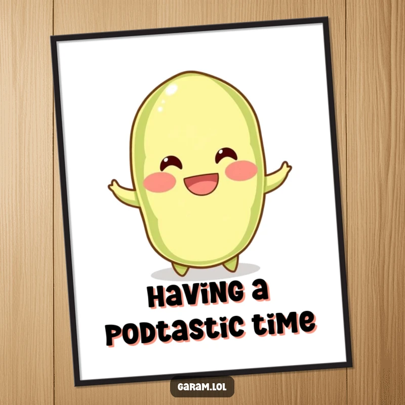 Funny free printable wall art of a bouncing edamame pod with a wide grin, radiating playful energy and cheerful vibes.
