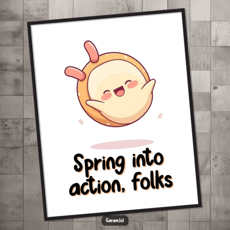 Funny free printable wall art of a happy spring roll performing a somersault, bringing energetic and humorous vibes to any room.
