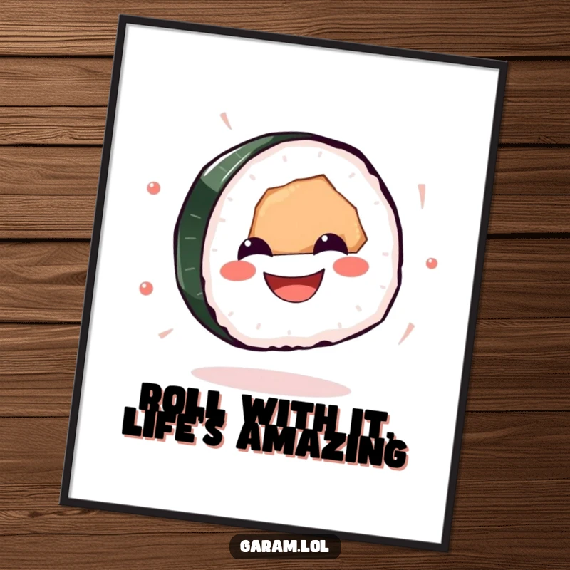 Funny free printable sushi wall art, a smiling sushi piece mid-spin with pure joy, unique graphic downloadable art.