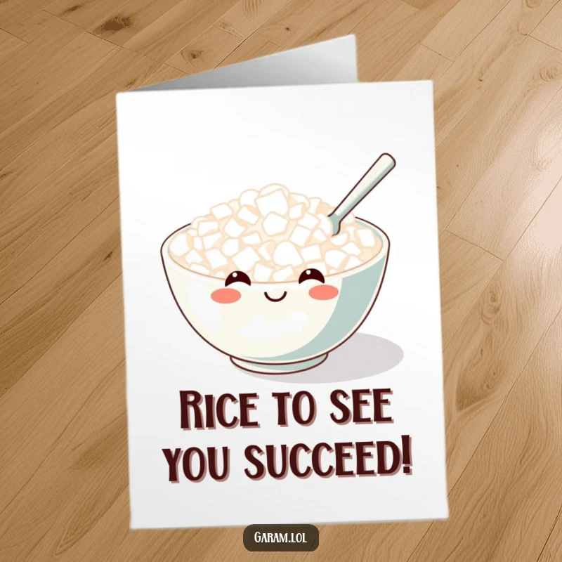 Funny free printable birthday card featuring a happy bowl of rice being stirred by a tiny spoon, a cute and comical scene.