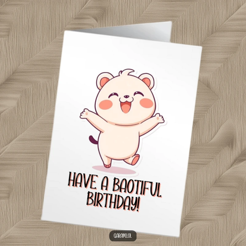 Funny free printable bao birthday card, a delighted bao skipping with a wide smile, perfect for a cheerful birthday download.