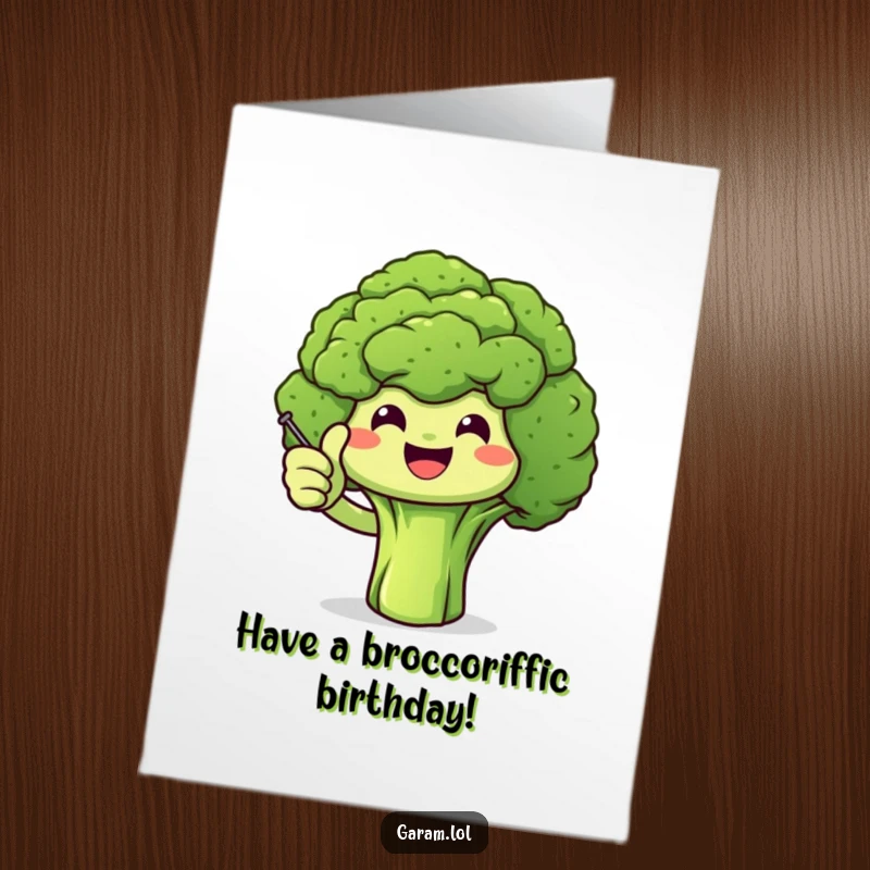 Funny Free Printable Birthday Card: A smiling broccoli with a tiny stick gives a cheerful thumbs up, wishing a happy birthday.