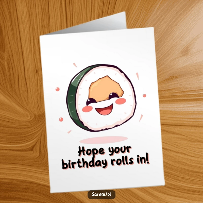 Funny free printable sushi birthday card, a grinning sushi piece in a joyful spin, perfect for a fun celebration download.