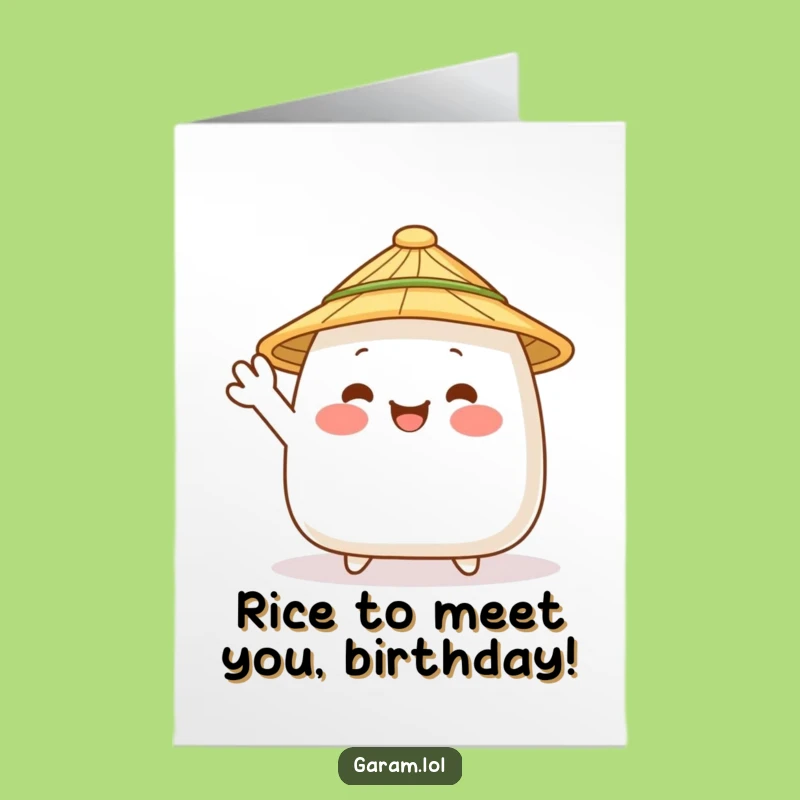Free Printable Funny Birthday Card: Waving Onigiri Greeting - Cheerful Downloadable Gift