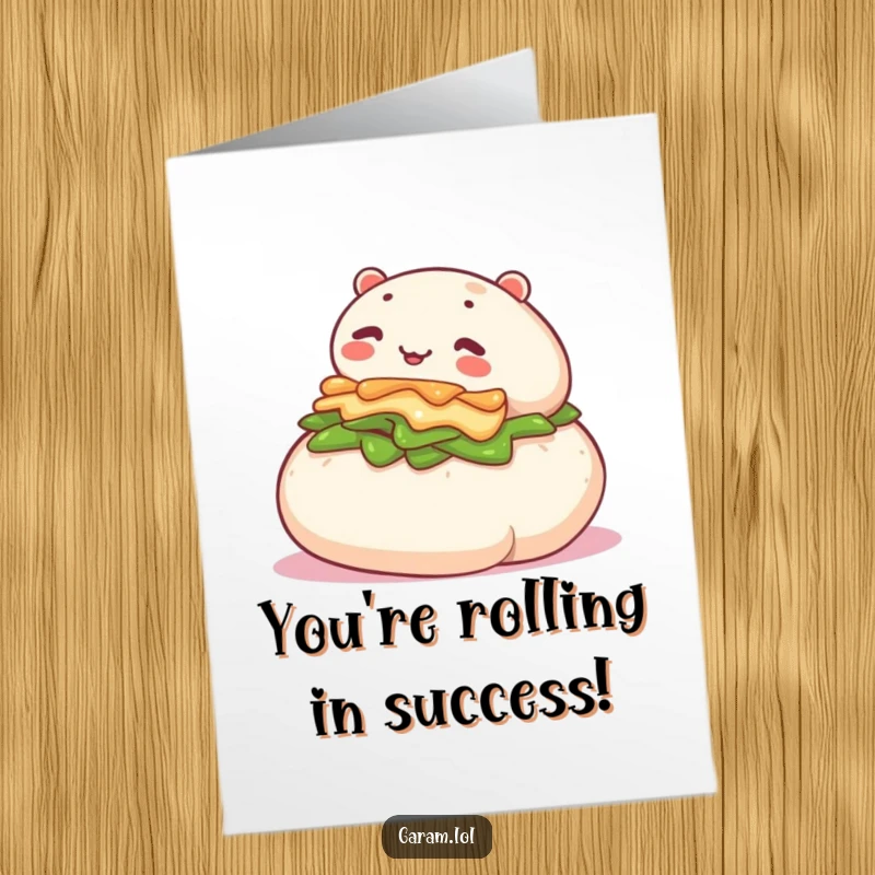 Funny free printable congratulations card showing a happy bao bun rolling downhill, celebrating a big win with comic flair.