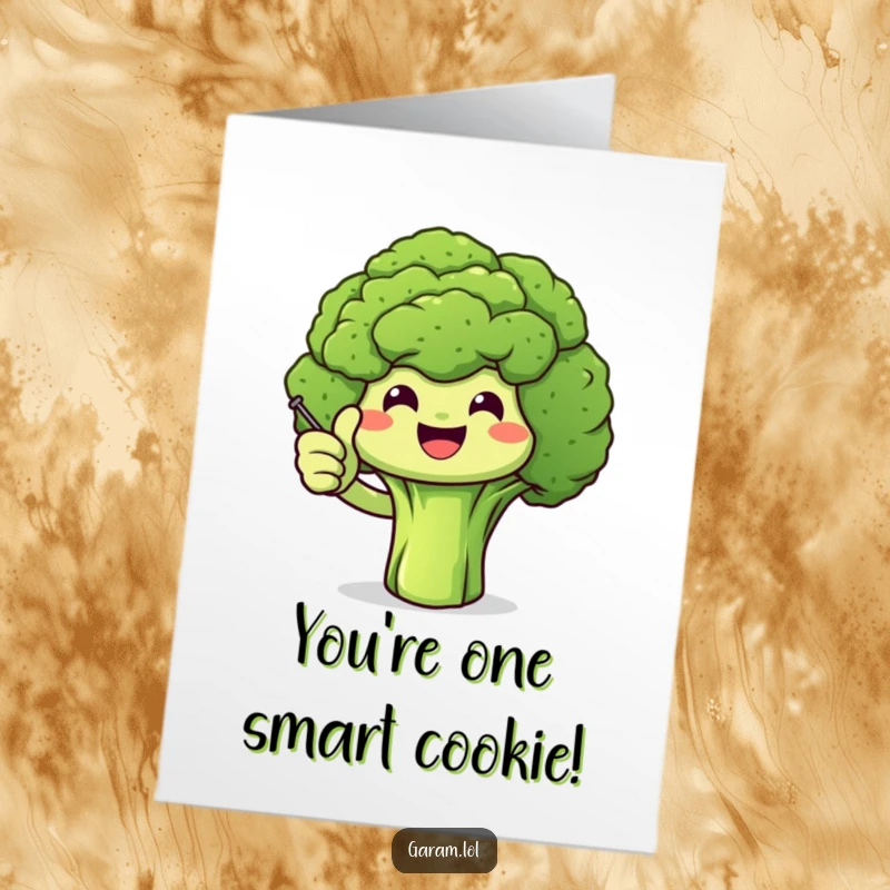 Free Printable Congratulations Card: A smiling broccoli gives a confident thumbs up with a small stick, celebrating great news.