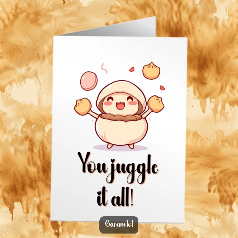 Free Printable Congratulations Card: A delighted steamed bun skillfully juggles colorful dumplings, celebrating a fantastic achievement.