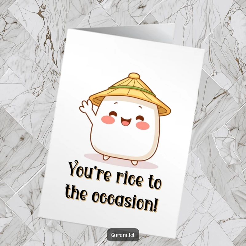 Free Printable Congratulations Card: A happy onigiri in a straw hat cheerfully waves, celebrating a wonderful accomplishment.
