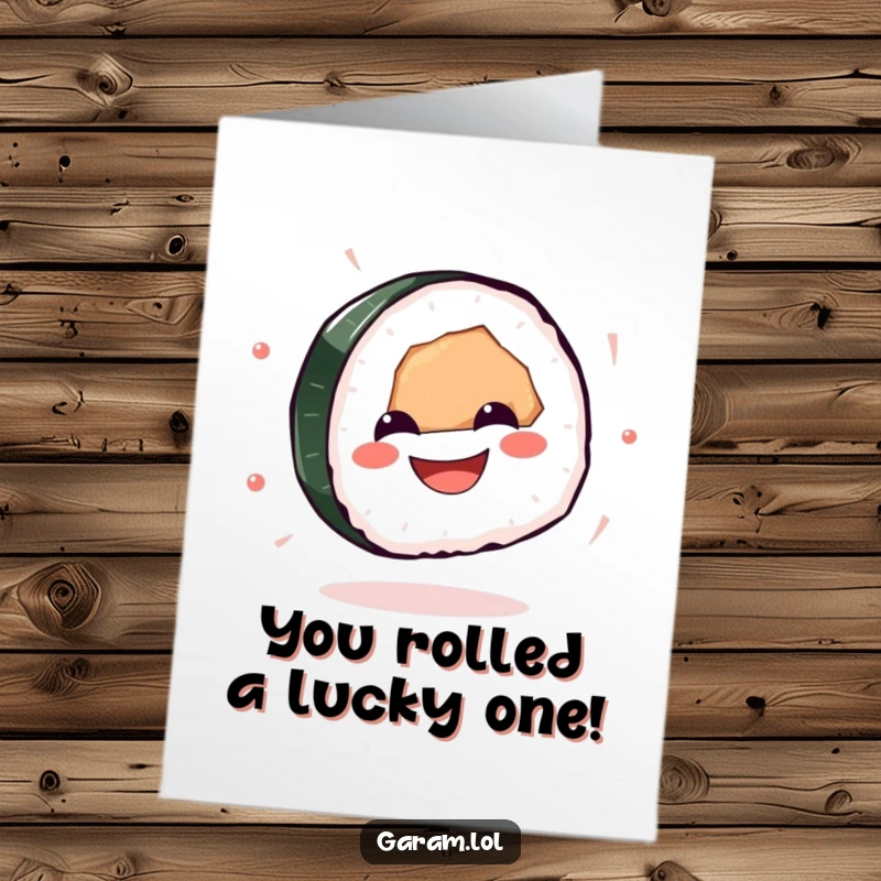 Funny free printable sushi congratulations card, a sushi piece spinning with excitement, ideal for celebrating achievements with humor.