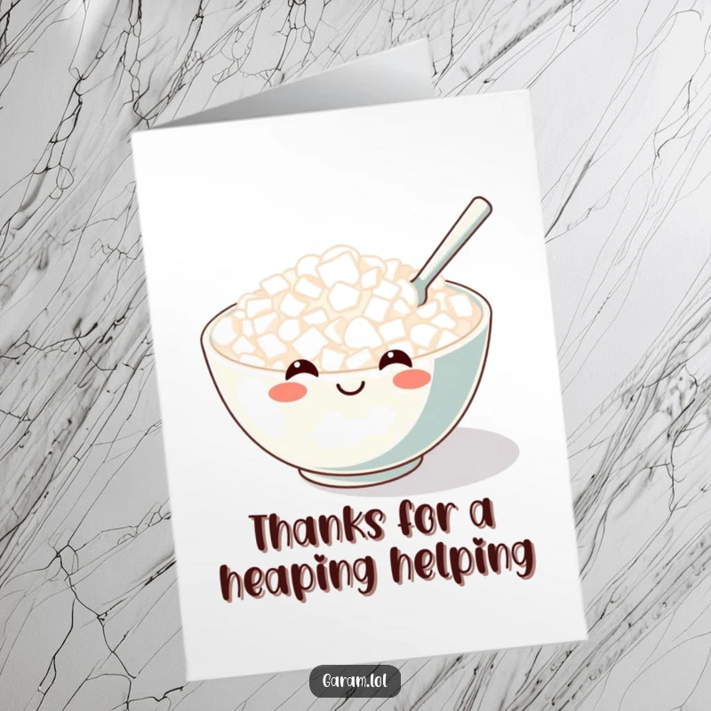 Funny free printable thank you card featuring a smiling rice bowl enthusiastically stirred by a tiny spoon, expressing gratitude comically.