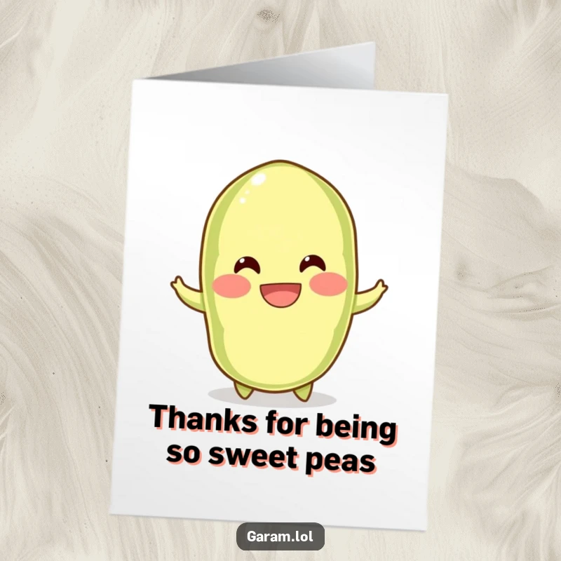 Funny free printable thank you card featuring a happily bouncing edamame pod with a wide grin, expressing thanks with playful charm.