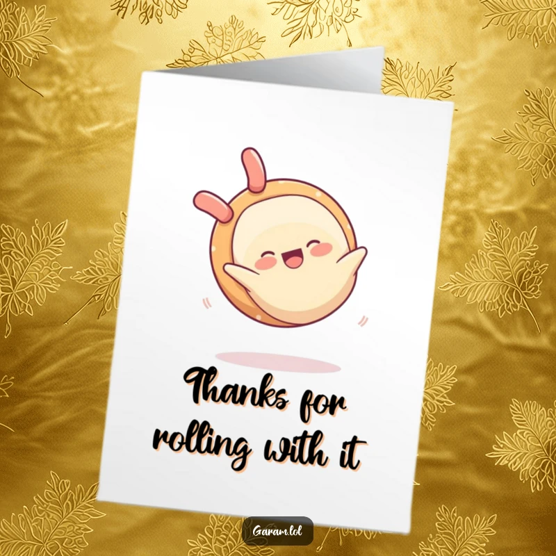 Funny free printable thank you card featuring a happy spring roll performing a somersault, expressing thanks with a whimsical, acrobatic touch.