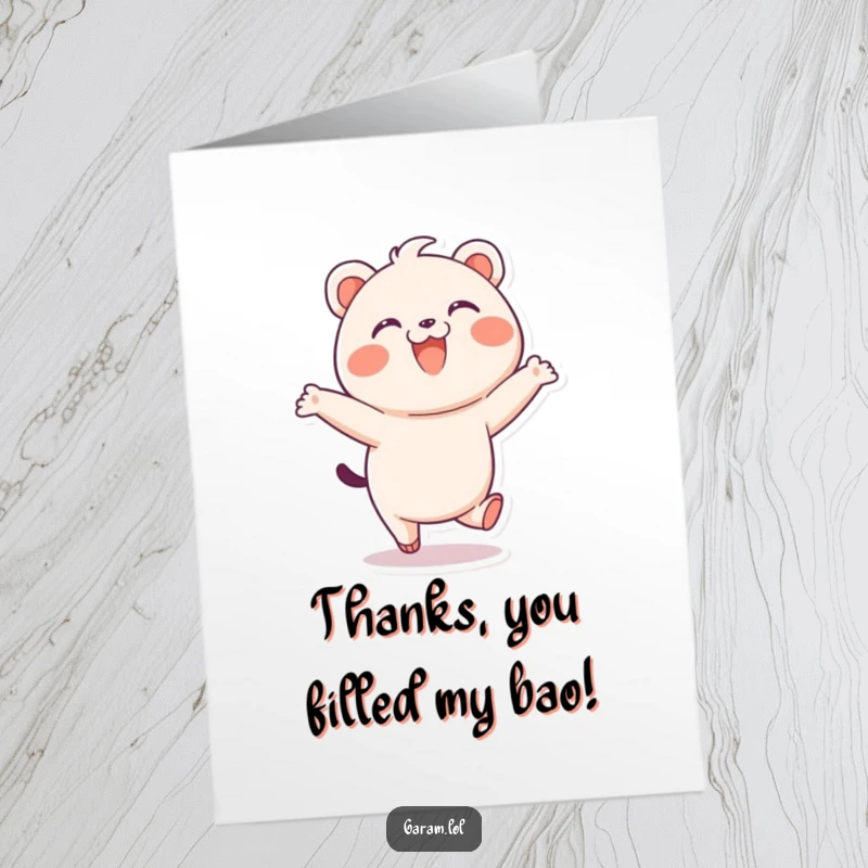 Funny free printable bao thank you card, a happy bao mid-skip with a grin, conveying thanks humorously, print at home.