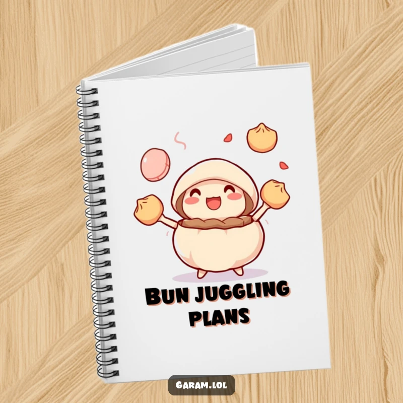 Funny steamed bun juggling dumplings on a notebook cover, perfect for jotting down recipes and playful thoughts.
