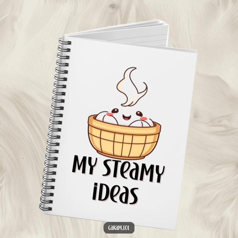 Funny notebook cover featuring a happy dim sum basket with steam rising, encouraging note-taking and creativity.