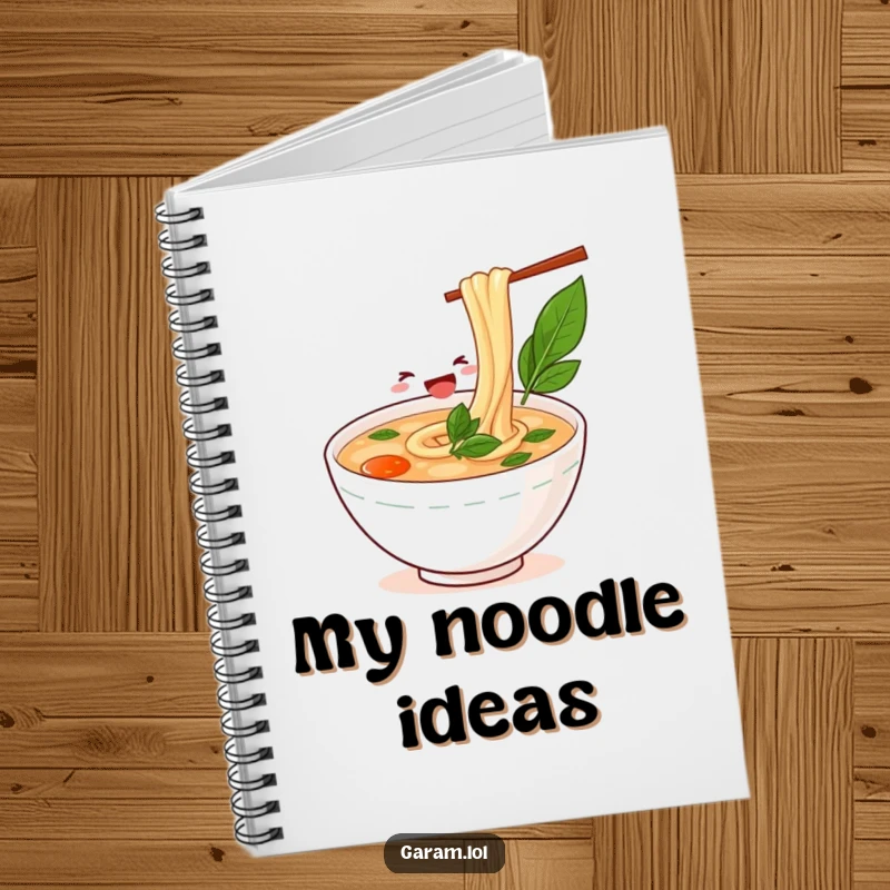 Funny bowl of pho slurping a noodle on a notebook cover, perfect for jotting down recipes and culinary thoughts.
