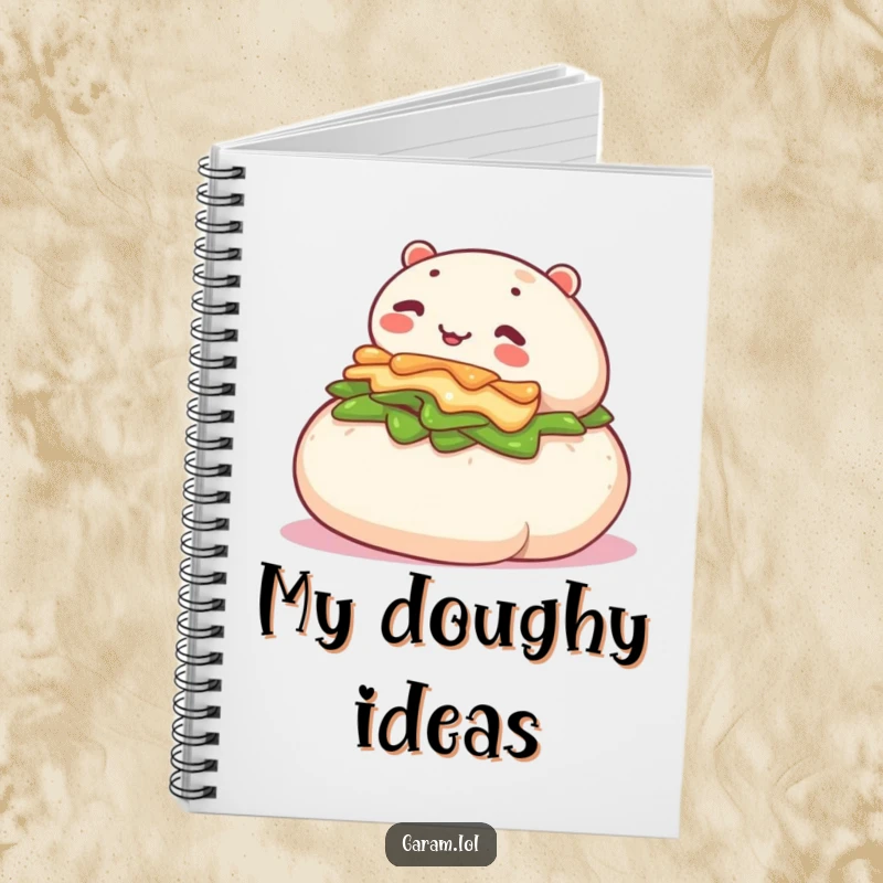 Funny notebook cover with a cute bao bun happily rolling down a gentle incline, inspiring creative thoughts.