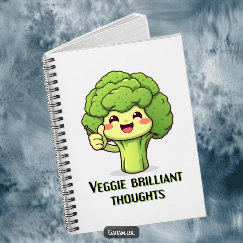 Funny broccoli character giving a thumbs up on a notebook cover, perfect for jotting down healthy ideas.