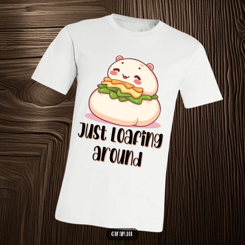 Funny t-shirt graphic of a happy bao bun mid-roll down a grassy slope, conveying free-spirited fun.