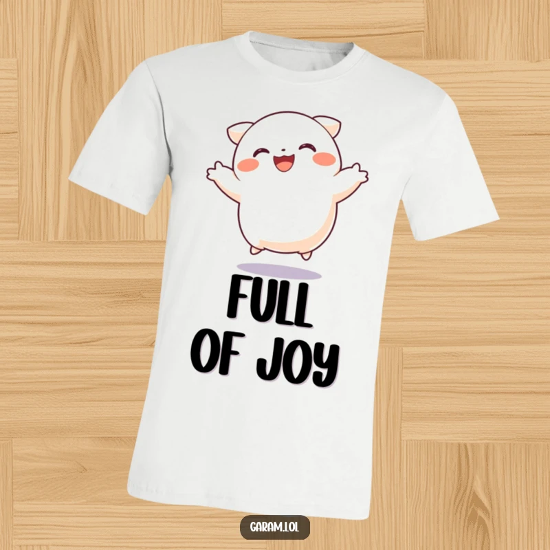 Funny dumpling t-shirt showcasing a happy dumpling doing a little jump, radiating pure joy and excitement, perfect for casual wear.