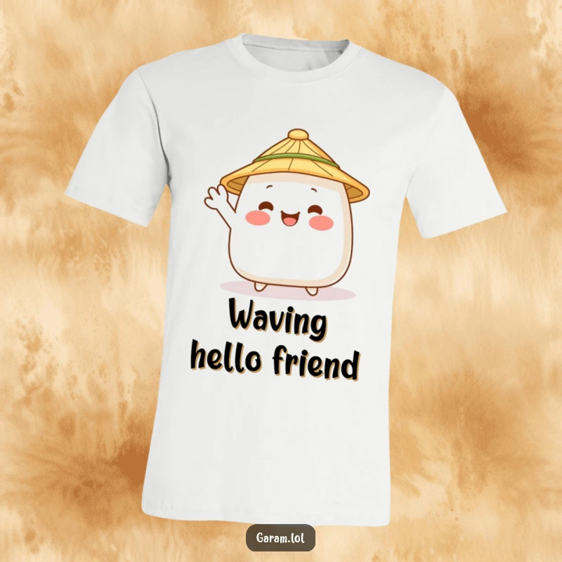 Funny onigiri character with a straw hat, waving happily on a t-shirt, perfect for fans of Japanese food.