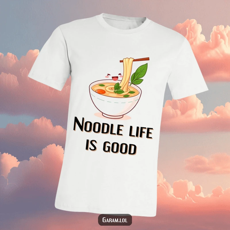 Funny bowl of pho happily slurping a long noodle on a t-shirt, showcasing a love for Vietnamese cuisine.