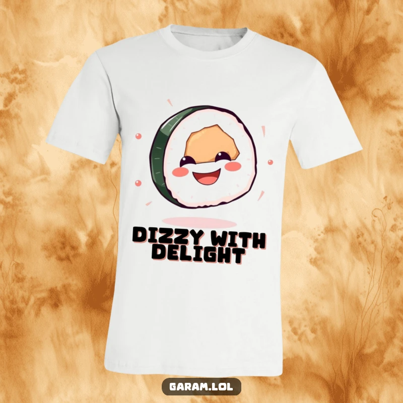Funny sushi t-shirt depicting a grinning sushi piece in a gleeful spin, perfect for casual wear and sushi enthusiasts.