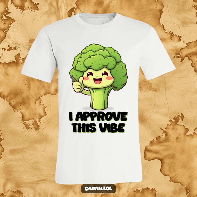 Funny broccoli character giving a thumbs up with a small stick, featured on a t-shirt for visual appeal.
