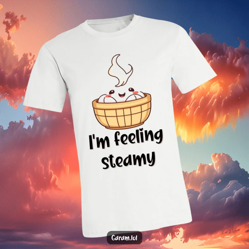 Funny t-shirt graphic of a happy dim sum basket with steam gently rising, symbolizing joyful warmth.