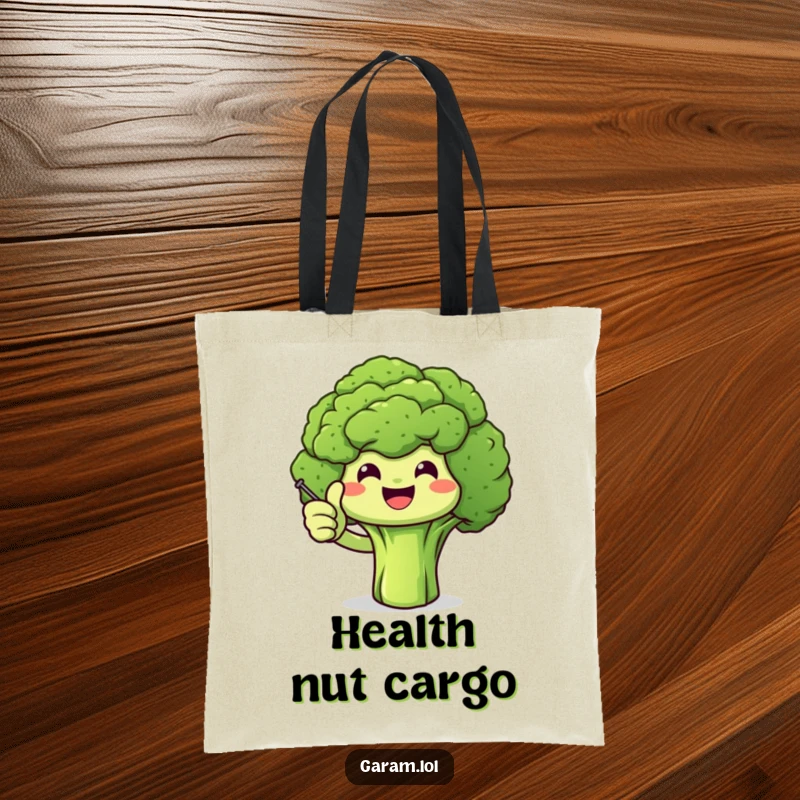 Funny broccoli character giving a confident thumbs up with a tiny stick, on a versatile tote bag.