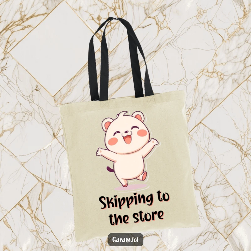 Funny bao tote bag with a delighted bao skipping playfully, ideal for carrying essentials with a cheerful vibe.